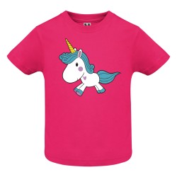 CAMISETA INFANTIL FUXIA UNICORNIO PELO AZUL