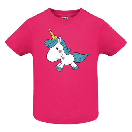 CAMISETA INFANTIL FUXIA UNICORNIO PELO AZUL